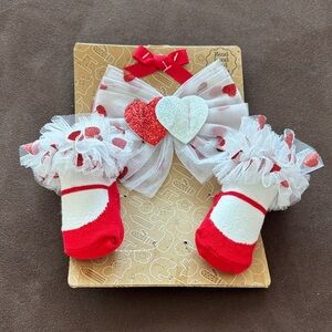 Baby Essentials Red and White Heart Socks and Headband Set